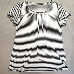 Worthington Womens Large Black & White Striped Stretch Short Sleeve Top